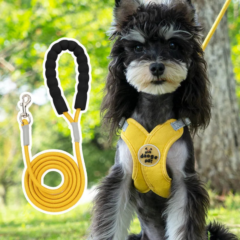 Adjustable polyester dog vest and hand holding rope set in blue, green, pink or yellow colours