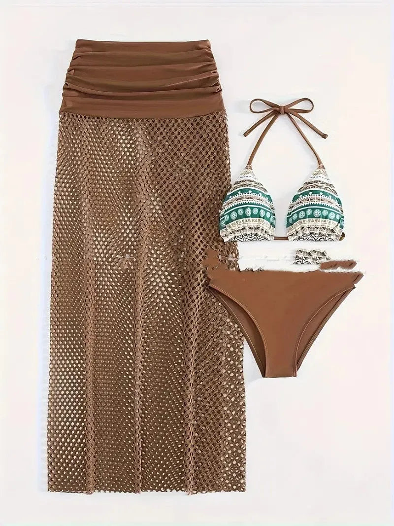 Women's brown gradient fishnet long skirt three-piece bikini set on a model.