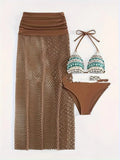 Women's brown gradient fishnet long skirt three-piece bikini set on a model.