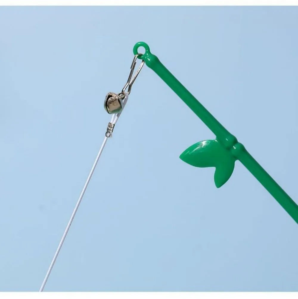 Green cat feather wand toy with bells and feathers on a durable wand with comfortable grip handle