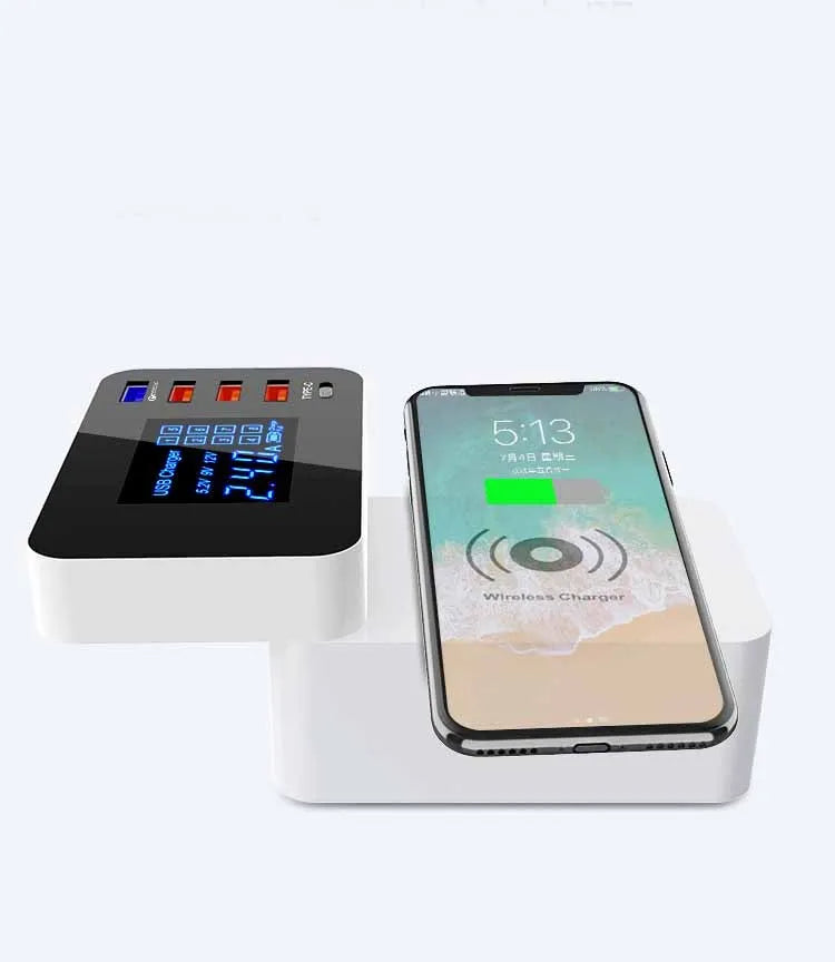 White multi-port wireless charger with USB ports measuring 64.5x98.6x56.5mm