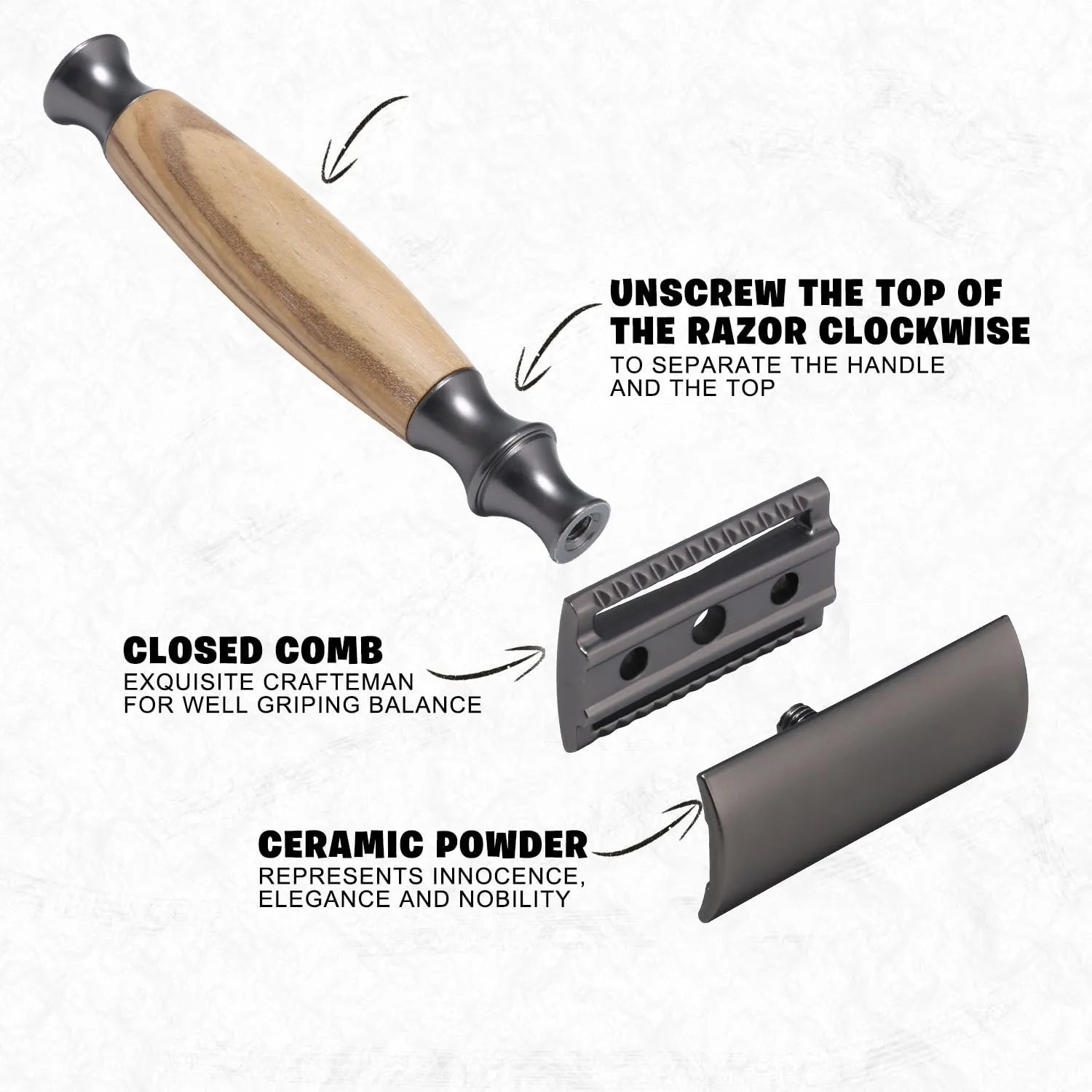 Copper coloured men's manual shaving razor with olive wood handle and aluminium razor holder