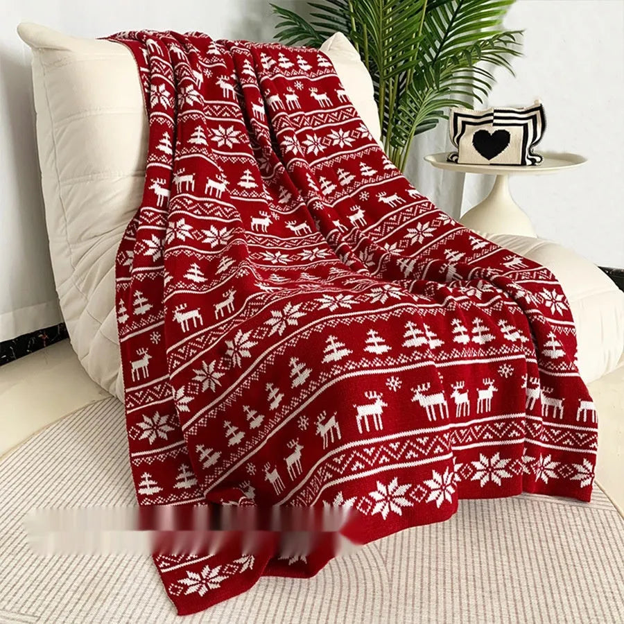 Casual acrylic knit Christmas blanket with snowflake or reindeer pattern