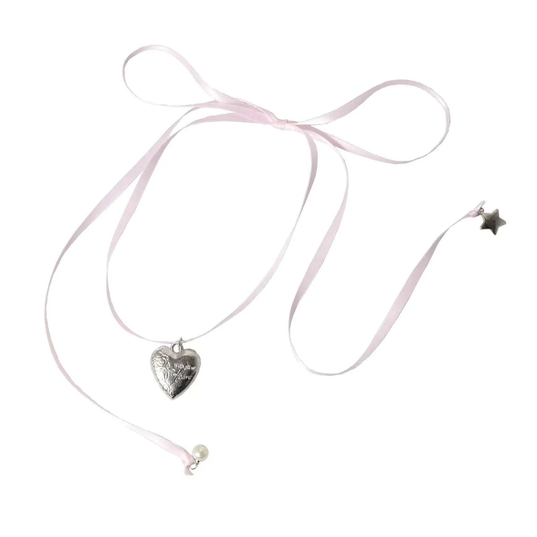 Women's ribbon love pendant fashion necklace on a clavicle chain, showing the alloy electroplated finish.