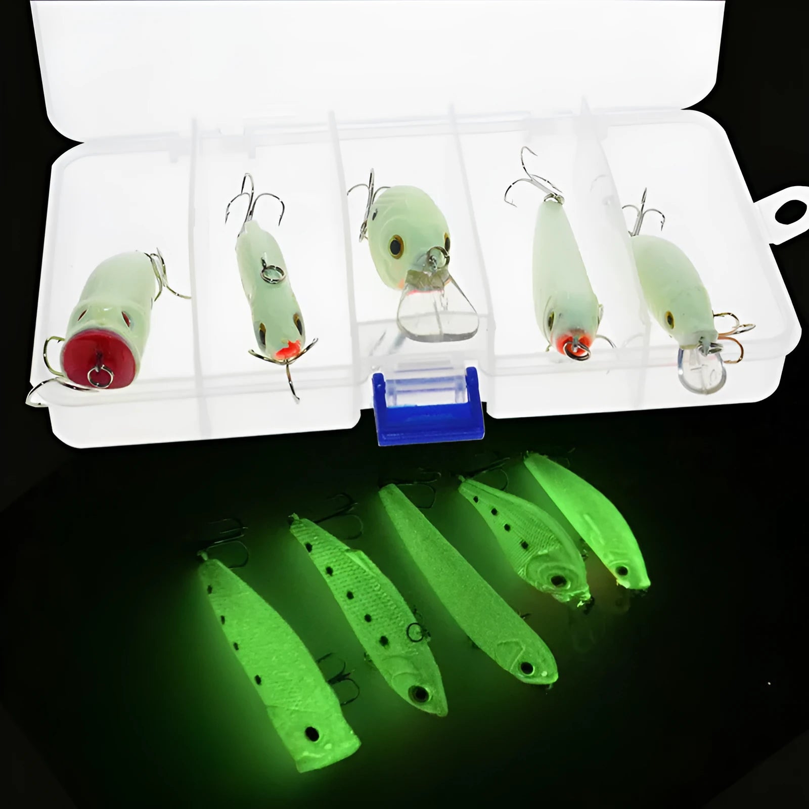 Set of five 3D fluorescent simulation hard bait fishing lures with luminous properties for predator fishing
