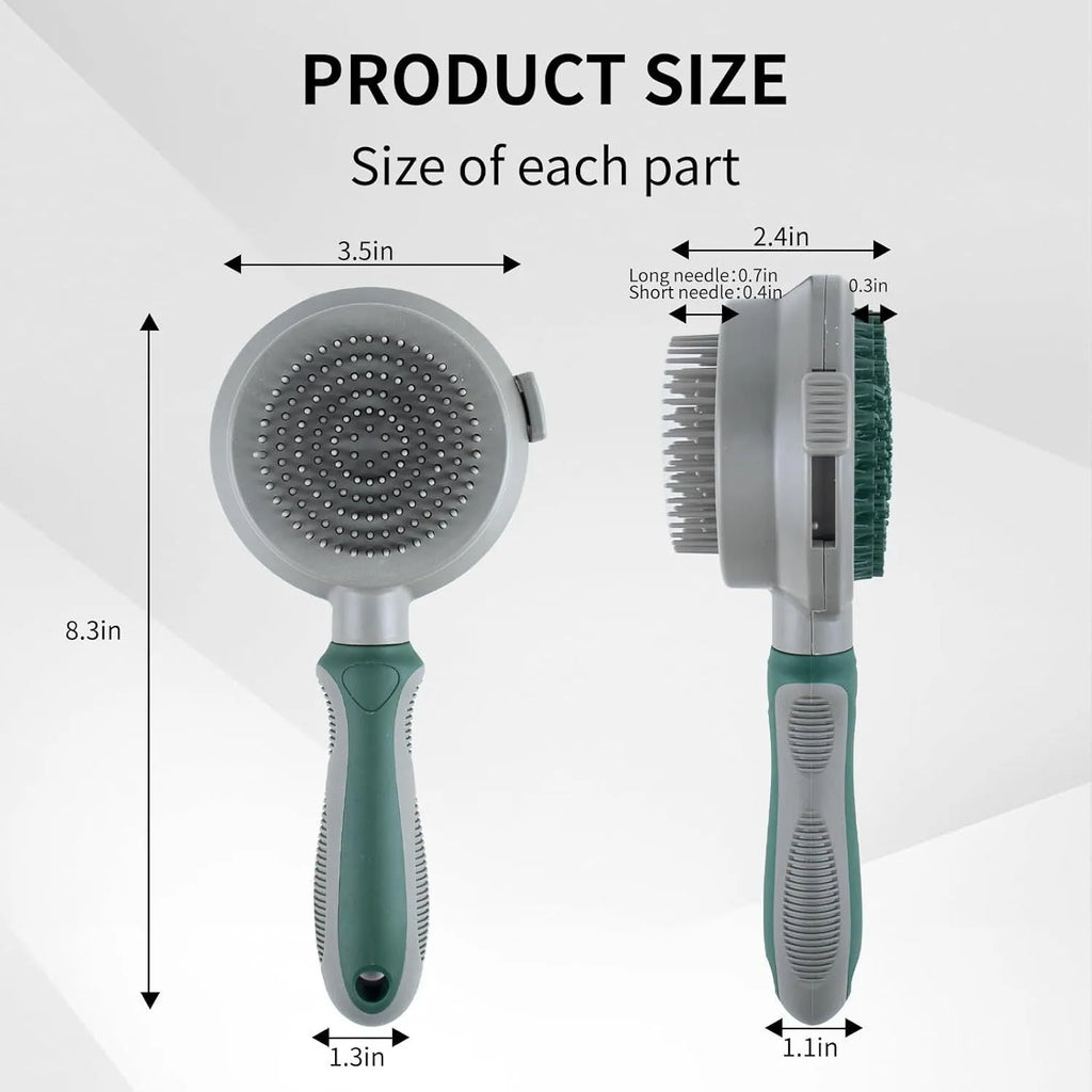 Two-sided silicone cat hair brush showing retractable slicker brush and octopus-teethed massager sides on green background