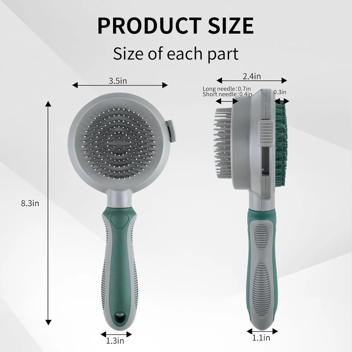 Two-sided silicone cat hair brush showing retractable slicker brush and octopus-teethed massager sides on green background