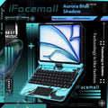 Blue iPad protective case showing shockproof PC construction with mute keyboard compatibility feature