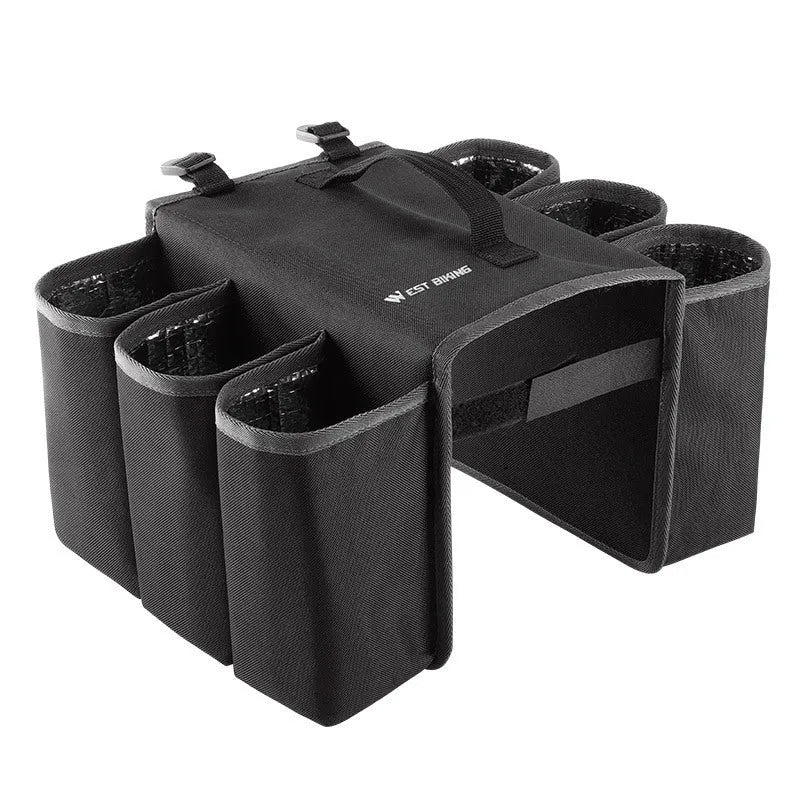 Black and orange bicycle drink bottle bag with two-sided storage compartments mounted on bike frame