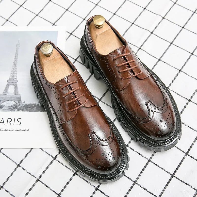 Men's black and brown brogue business shoes with round toe and PU leather upper