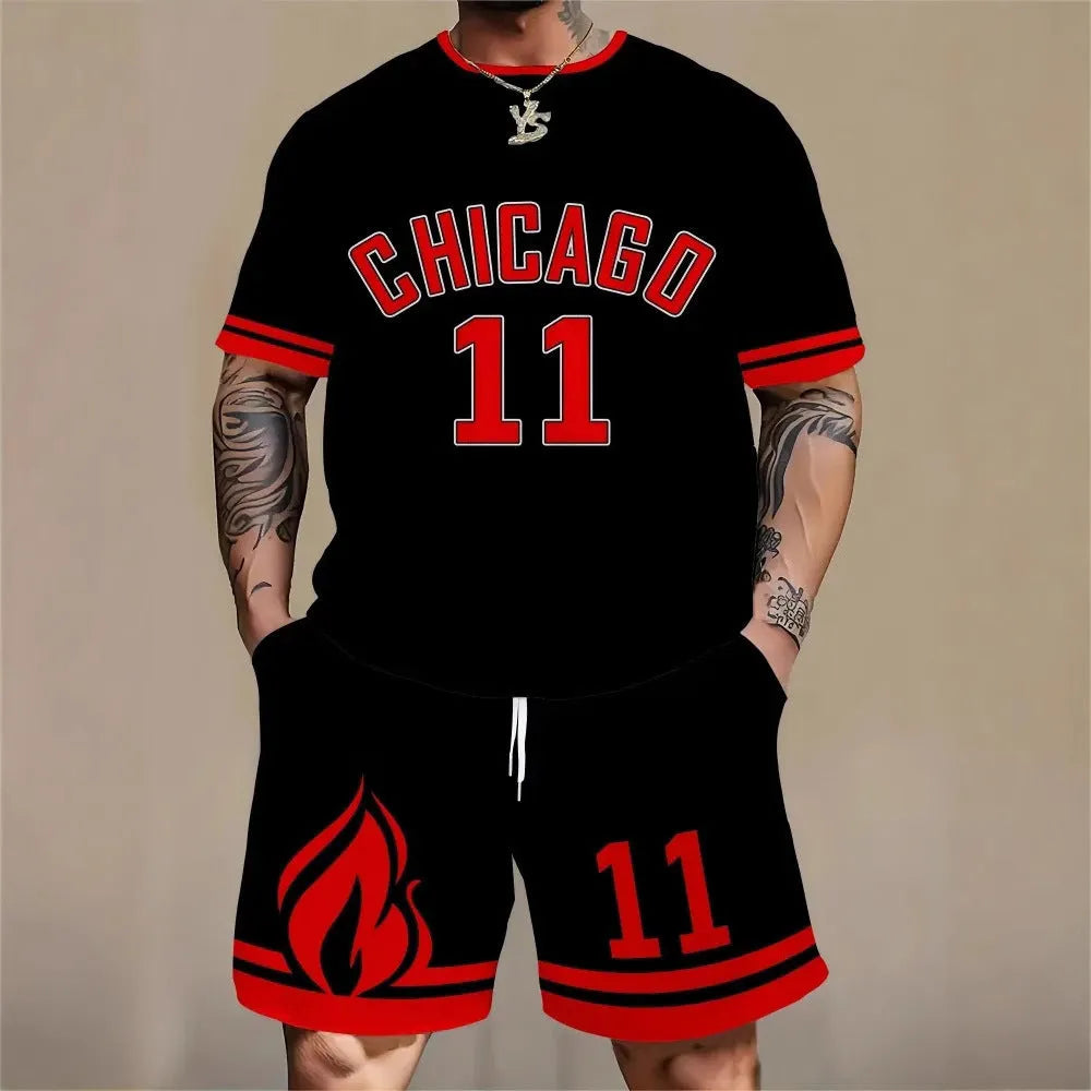 Men's 3D printed letter personality suit with short sleeve top and matching shorts in polyester