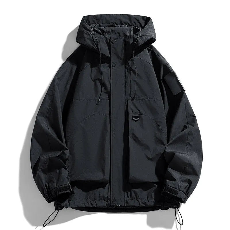 Men's black hooded windproof waterproof jacket shown on a model, with size chart showing options from M to 8XL.