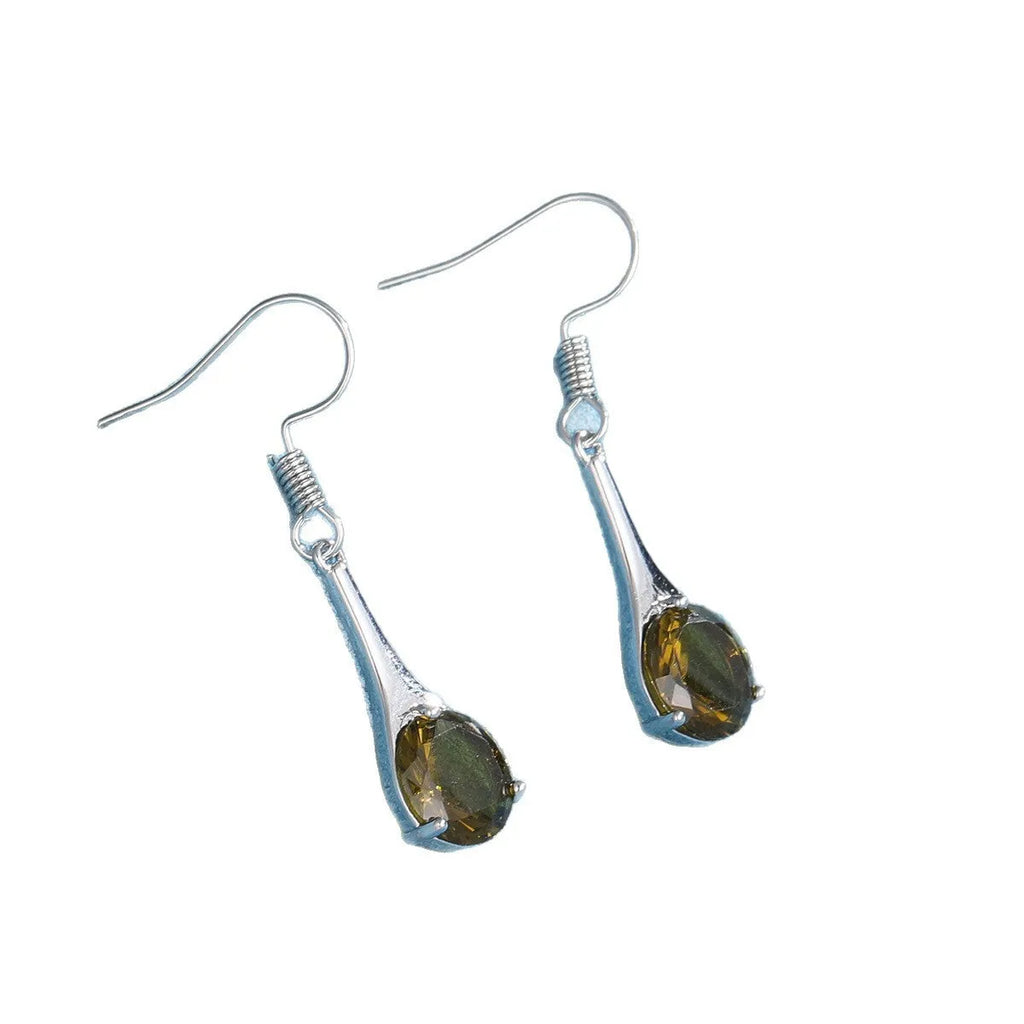 Olive green topaz drop shape earrings with minimalist water drop design