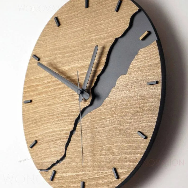 Modern wooden wall clock with cracked finish design showing five style variations