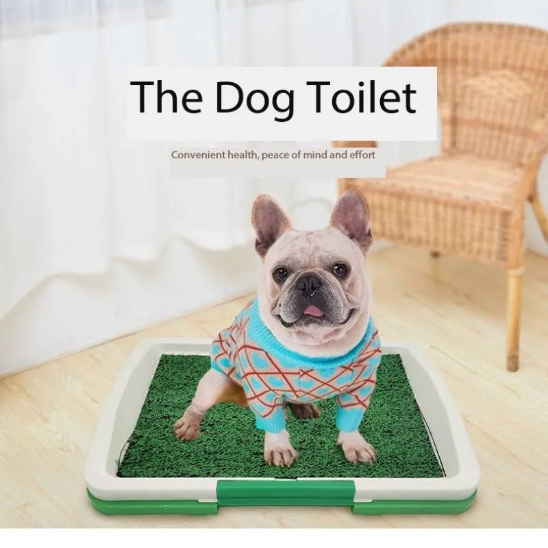 Green artificial grass dog toilet tray with three layers for indoor puppy potty training.