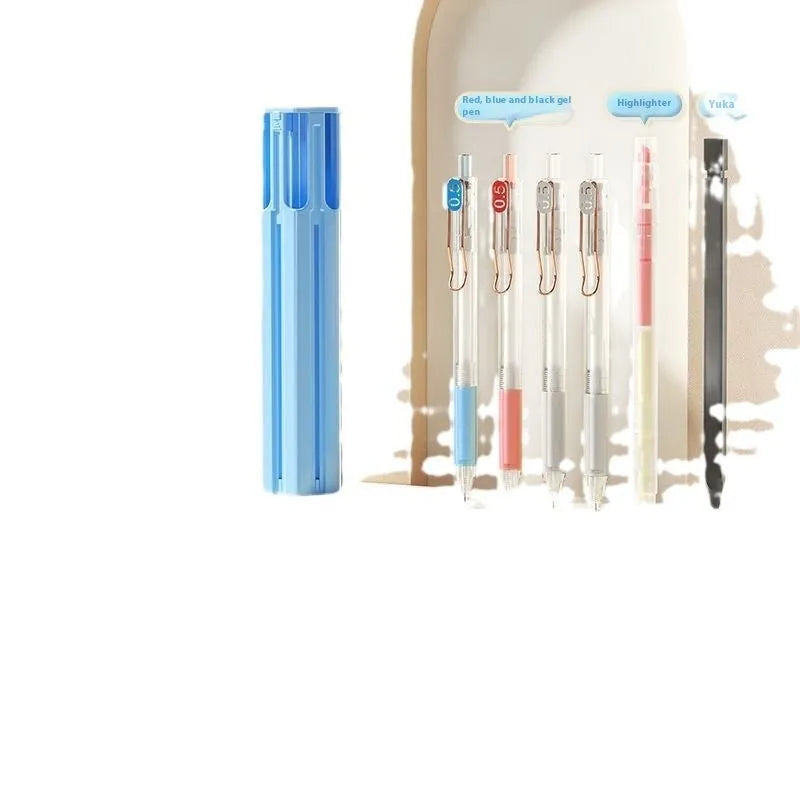 Six pens pencil case kit with pressing pen in plastic construction