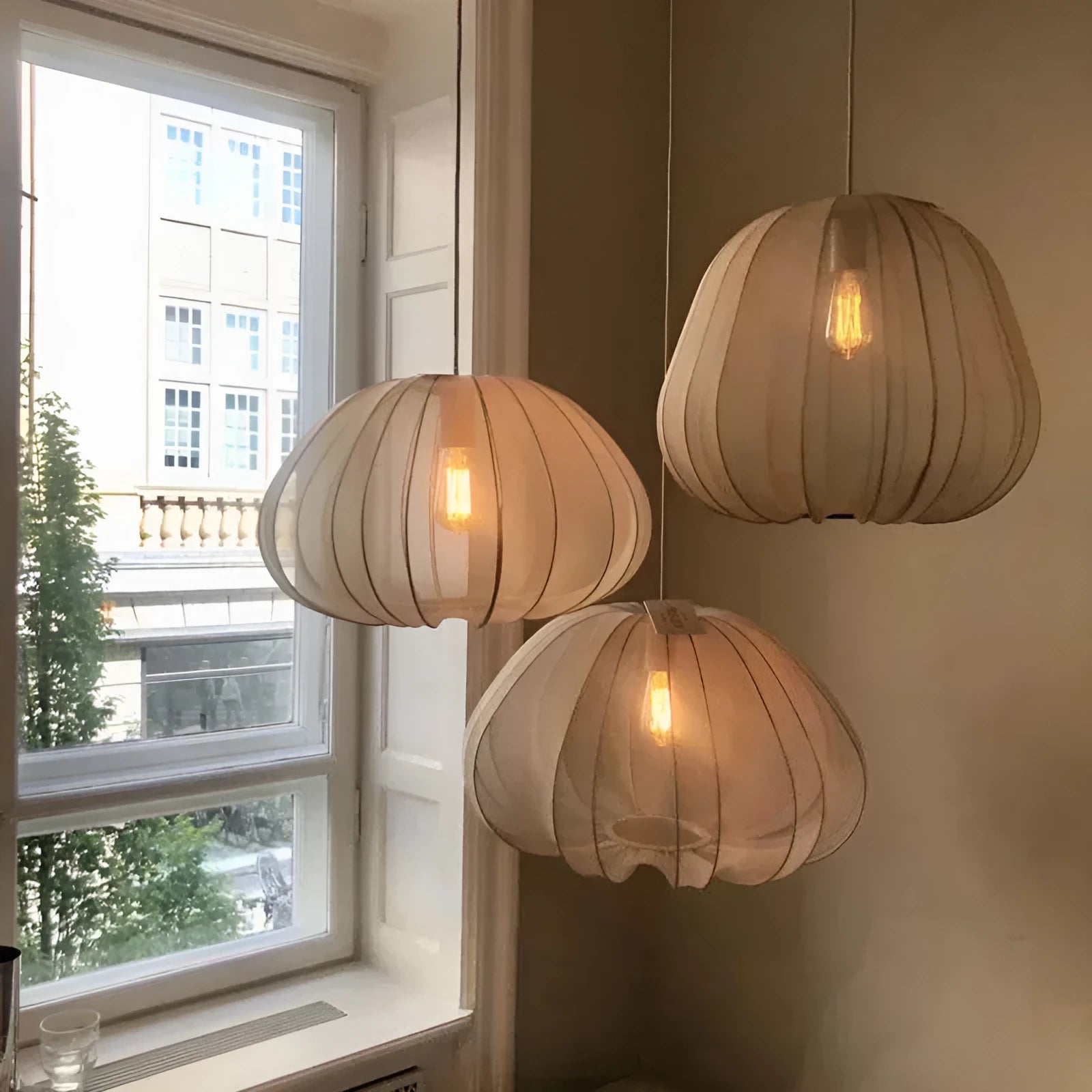 Japanese style branch ceiling lamp in white and grey-blue variants with three colour LED lighting