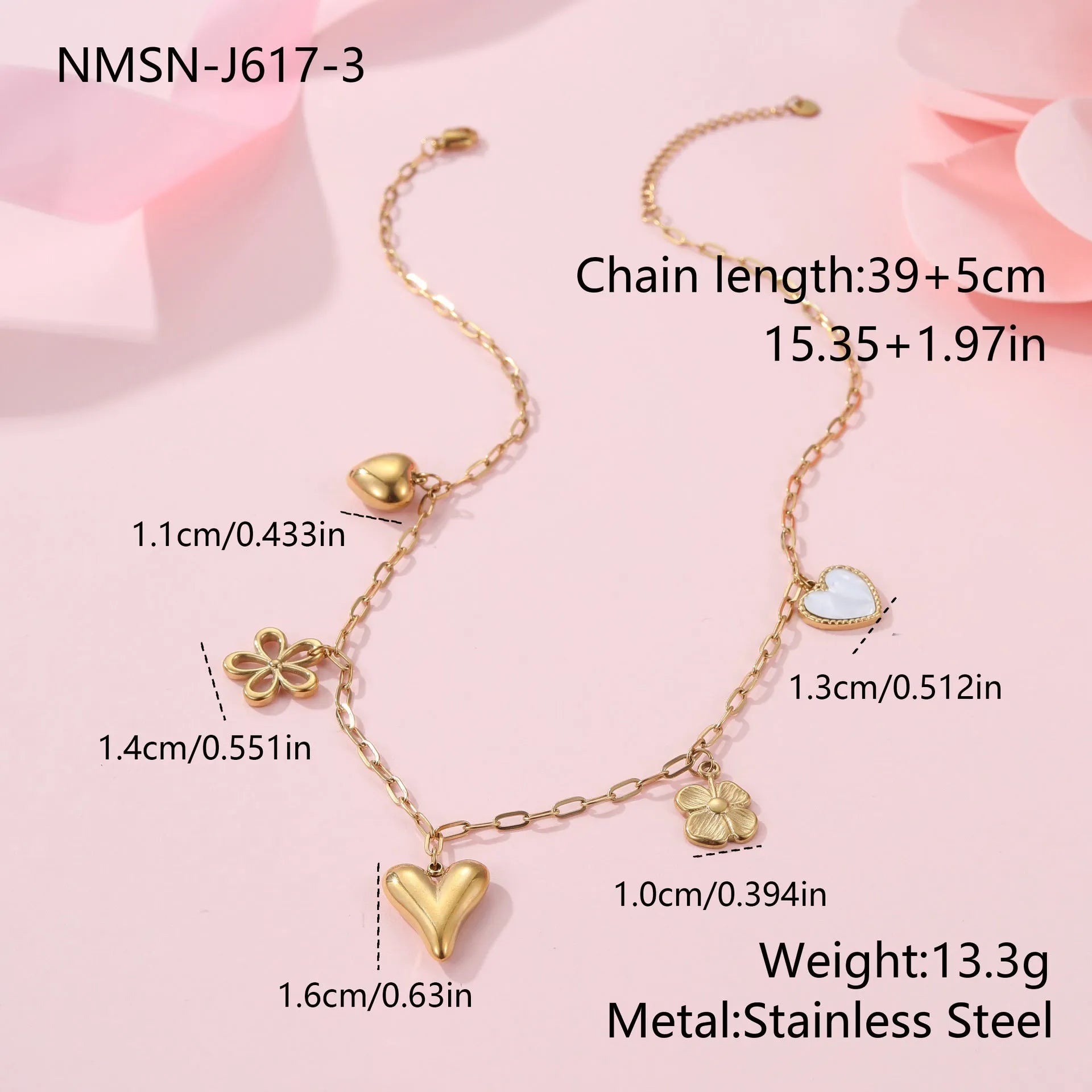 Stainless steel necklace with geometric heart and ribbon sun pendant on adjustable 41-50cm chain