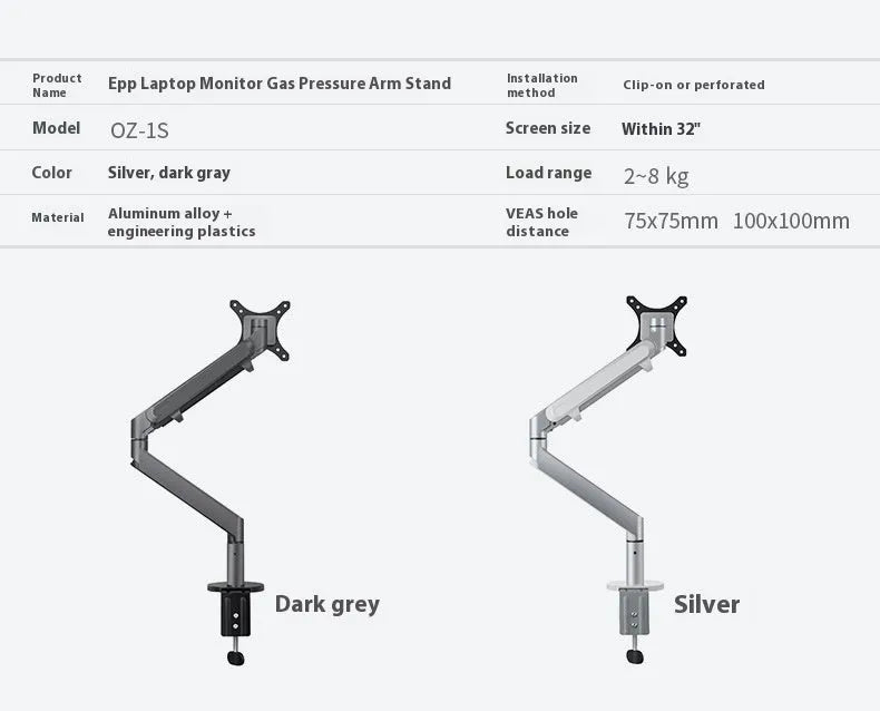 Aluminium laptop stand with adjustable air pressure arm bracket in silver colour