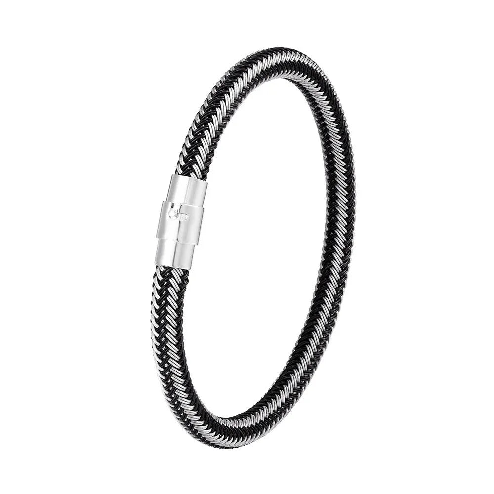 Men's geometric titanium steel bracelet with a magnetic clasp shown in silver tone.