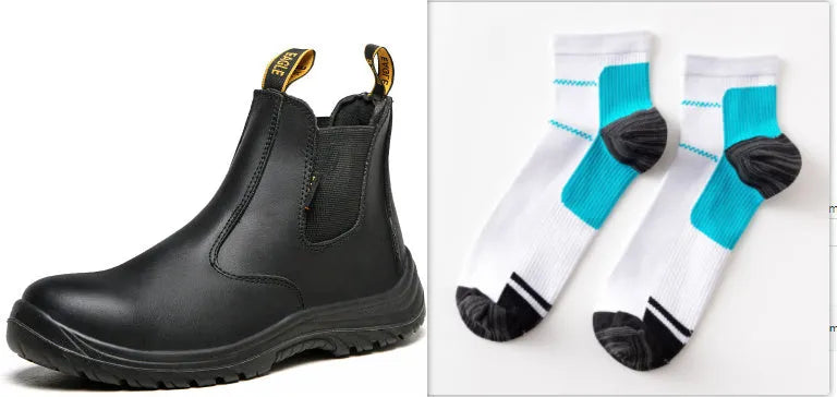 Black leather high-top safety work boots with anti-piercing protection