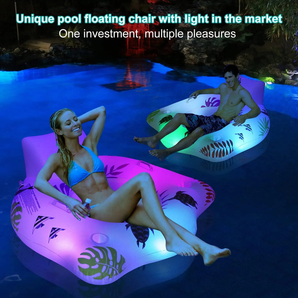 White luminous U-shaped inflatable float on water showing 120x120cm dimensions