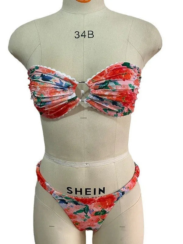 Women's floral print lace detail tube top bikini with matching shorts in blue, yellow, pink, or multi-colour.