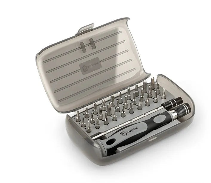 32 in 1 screwdriver set with 30 bits in compact PP plastic storage case measuring 130x75x37mm
