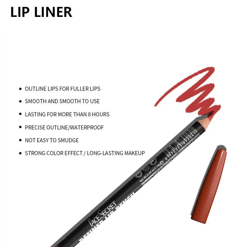 Matte finish lip liner pencil in wooden tone showing waterproof 24-hour formula