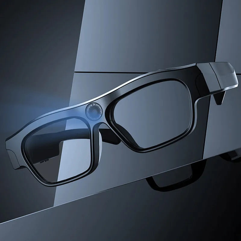 Black smart Bluetooth glasses with integrated camera for head-mounted video recording
