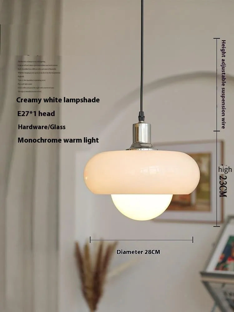 Bauhaus retro style glass pendant ceiling light with three egg tart shaped shades in milk white finish.