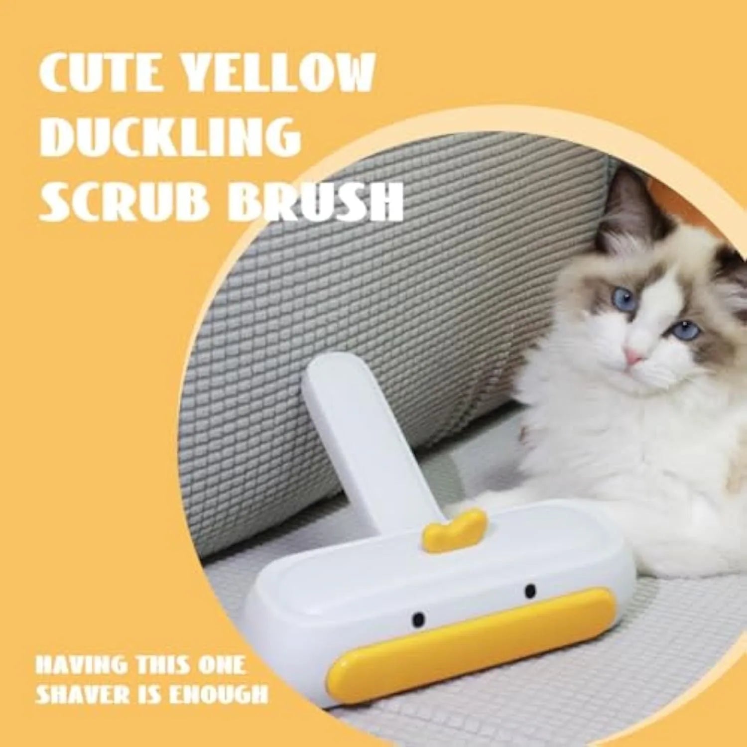 Yellow duck design portable pet hair remover brush with plastic handle and polyester bristles.