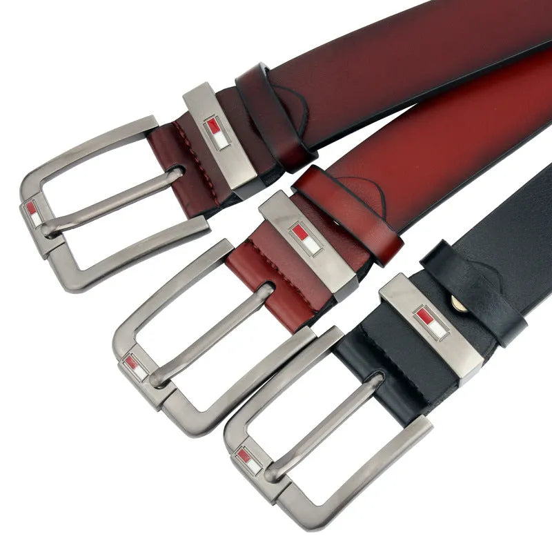 Fashion retro men's all-match pin buckle belt in imitation leather with D shape alloy buckle, black colour, 110cm length