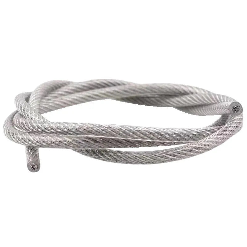 Coiled 304 stainless steel multi-strand security wire rope on a white background.