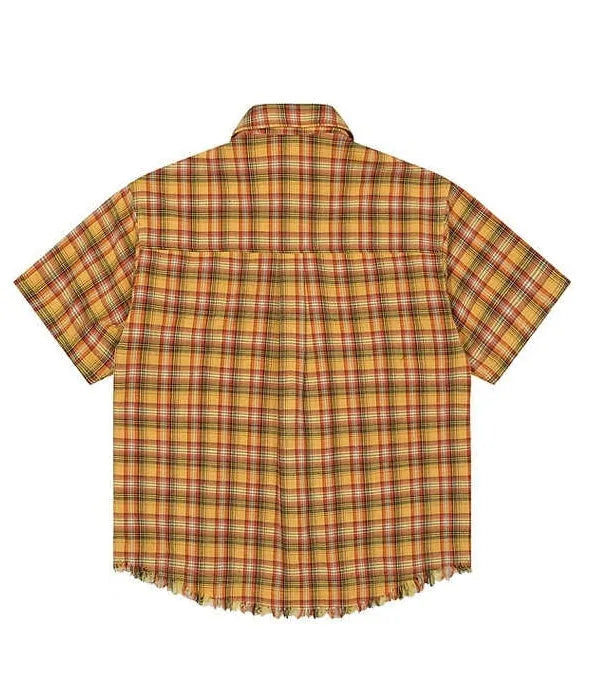 Yellow grid plaid short sleeve shirt with loose fit and embroidery pocket
