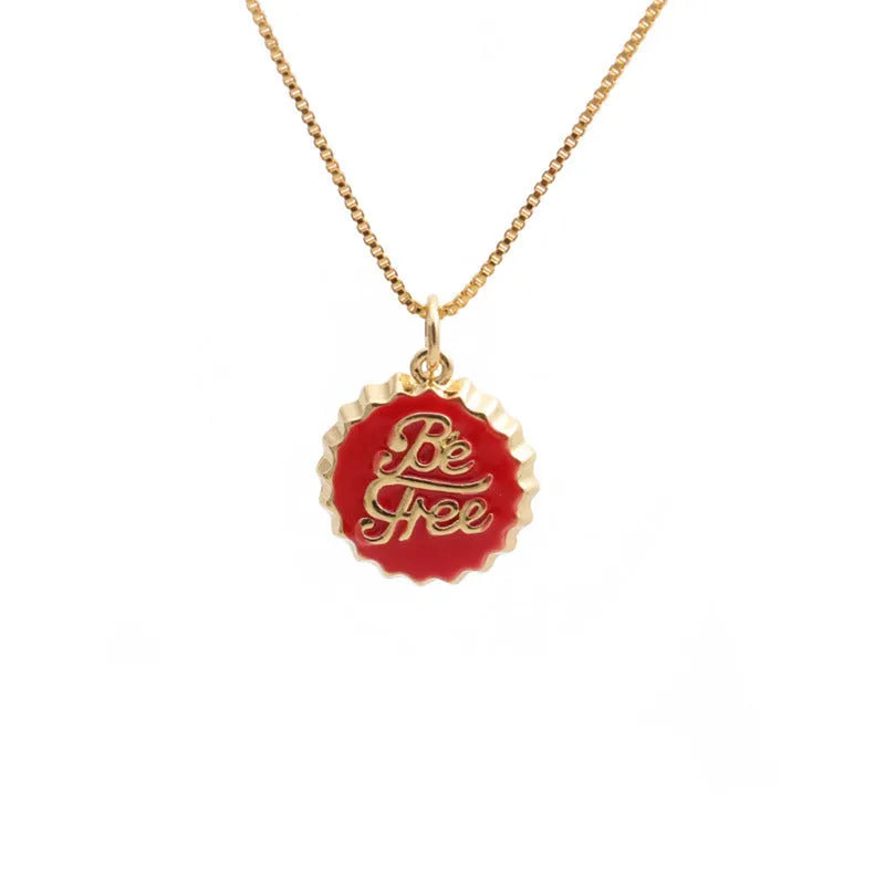 Copper bottle cap pendant necklace with 18K gold electroplating on 40cm box chain
