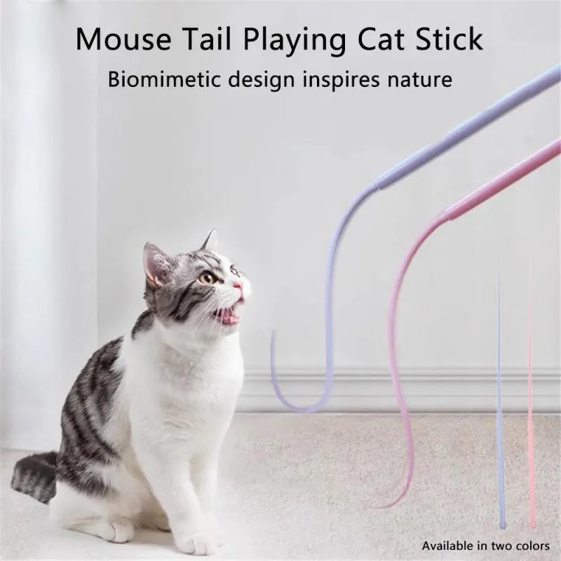Simulated mouse tail cat toy with blue silicone tail and cat head design for interactive play