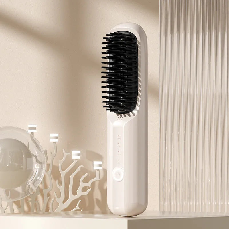 Anion wireless hair straightening comb in beige, pink, purple or black colours with ceramic heating plates