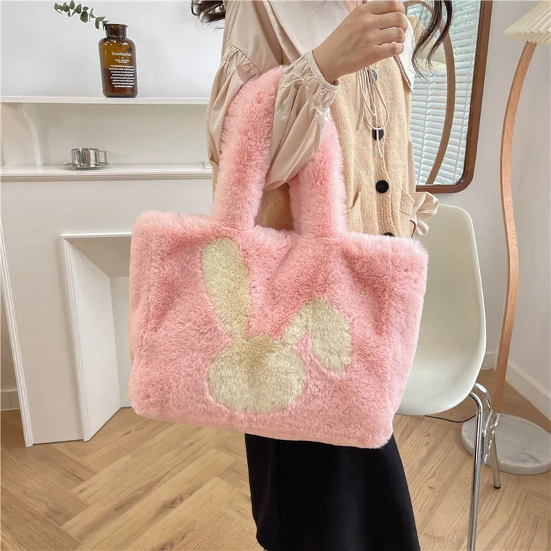 Women's plush tote bag with cartoon rabbit ears design in solid colour