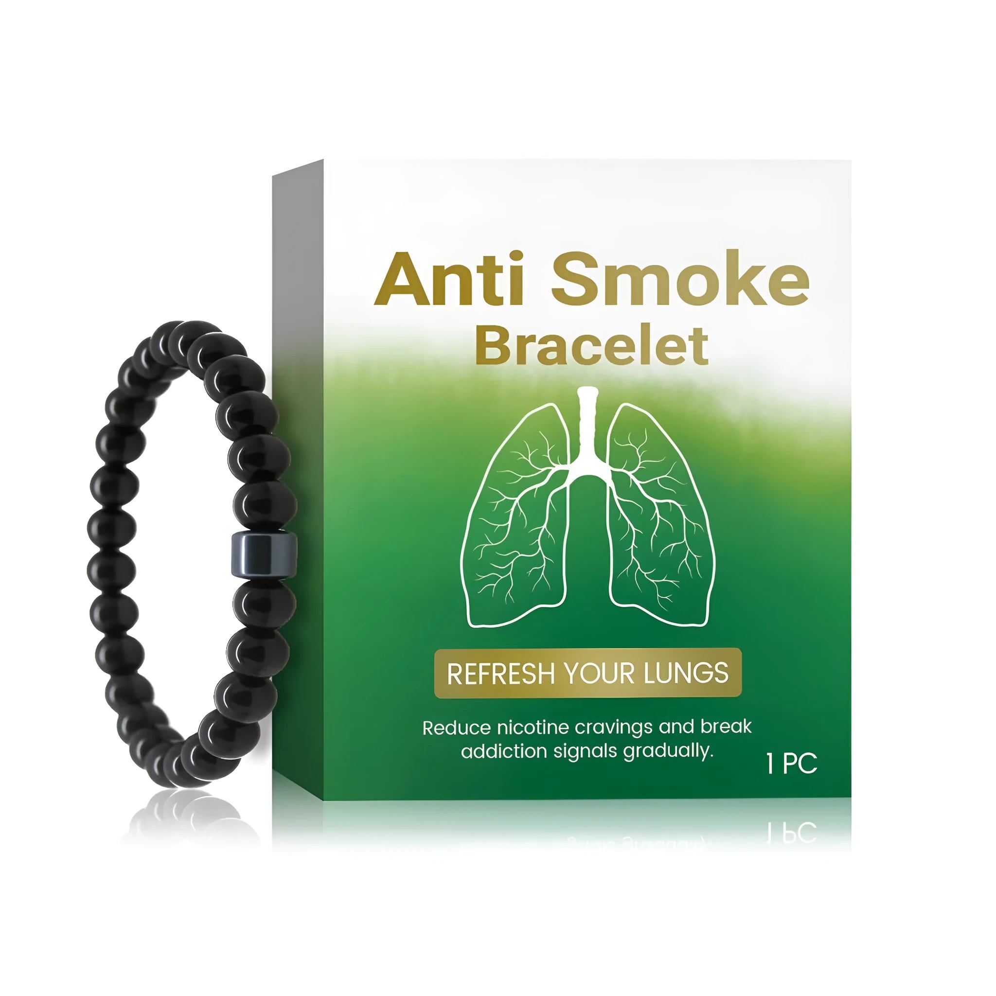 Men's black gallstone and glass smoke prevention bracelet on wrist.