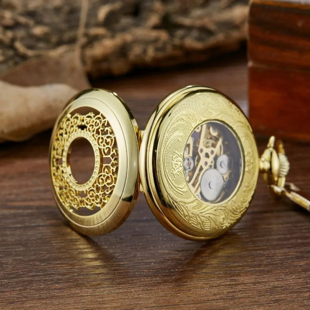 Retro mechanical pocket watch with hollow floral dial and transparent case back in alloy.