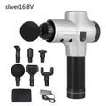 Electric muscle massage gun with multiple interchangeable heads on black background