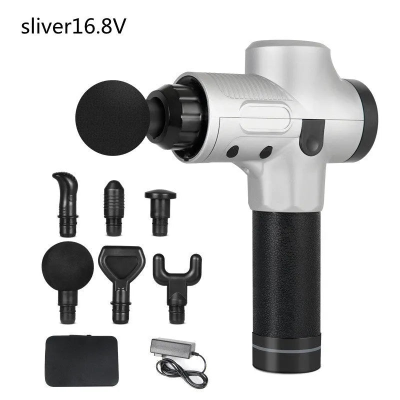 Electric muscle massage gun with multiple interchangeable heads on black background