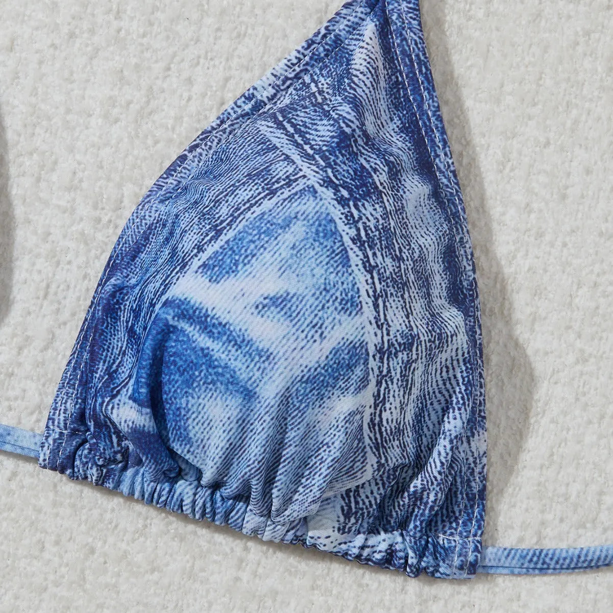 Women's denim blue printed bikini swimsuit with adjustable straps