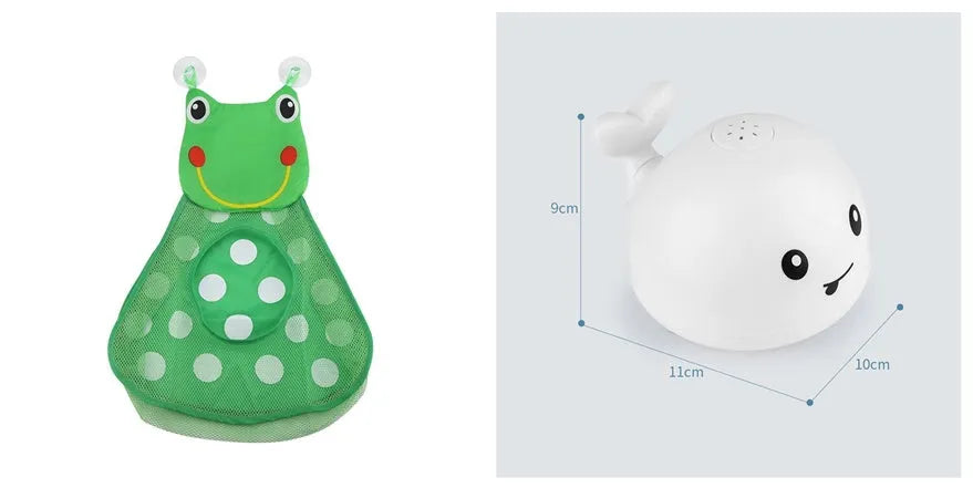 Whale-shaped baby bath toy with automatic water spray and colourful lights floating in water.