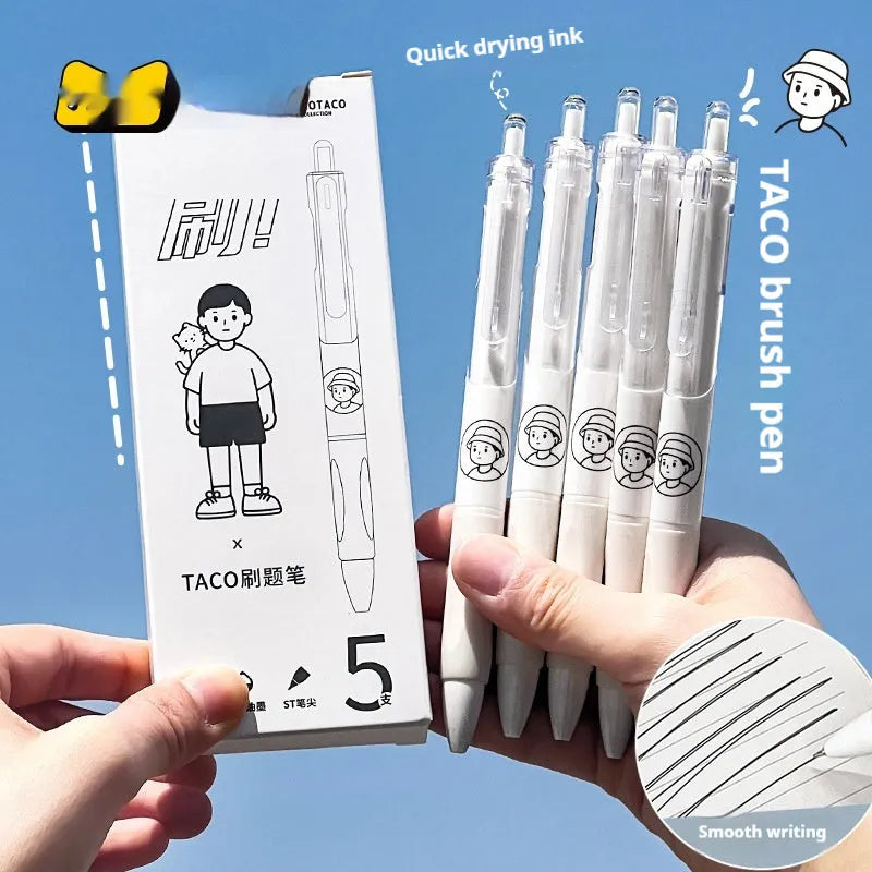 Five 0.5mm black ballpoint pens with plastic shells for student writing