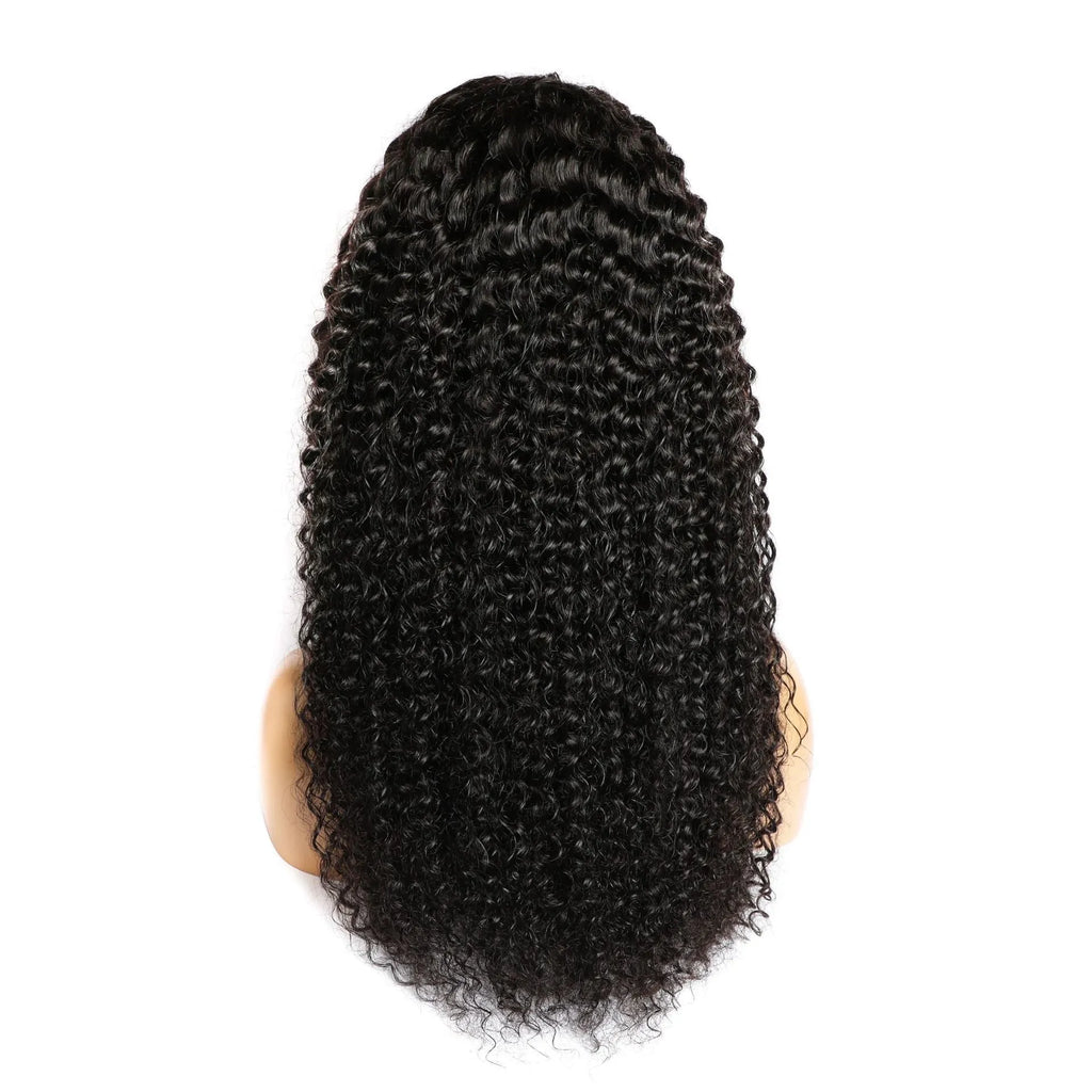 Curly human hair lace front wig in various lengths on a mannequin head, showing realistic hairline.