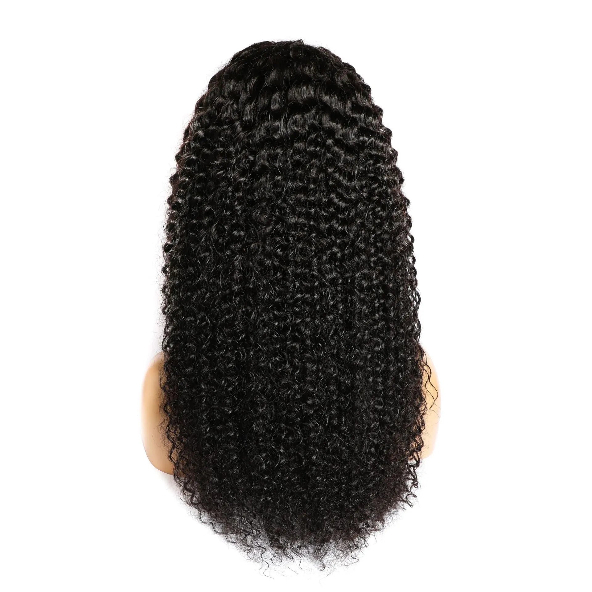 Curly human hair lace front wig in various lengths on a mannequin head, showing realistic hairline.