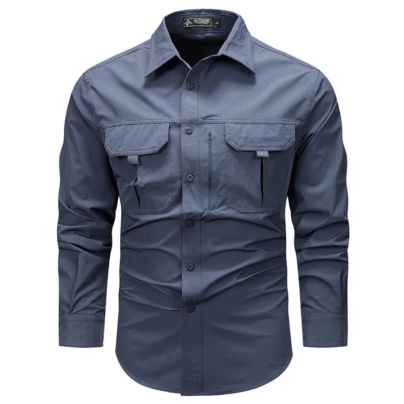 Men's long-sleeved solid colour casual shirt in khaki, regular fit, nylon-blend fabric