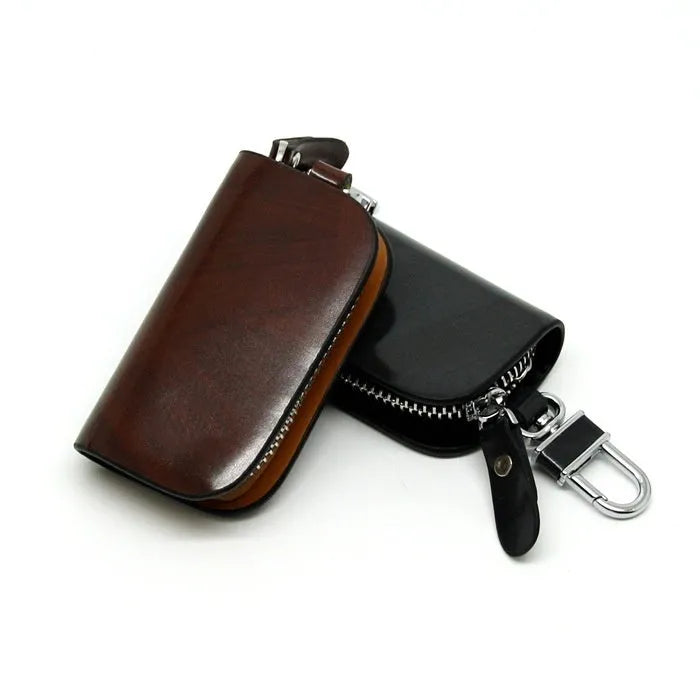 Black frosted genuine leather car key case showing inner compartment dimensions